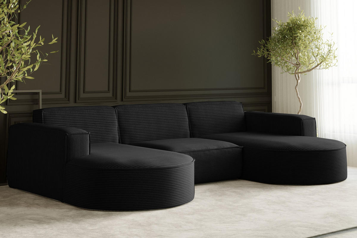 ECKSOFA Designer MODENA U STUDIO Stoff Dicker Cord Schwarz - Schwarz, Holz (165/299cm) - Kaiser Möbel