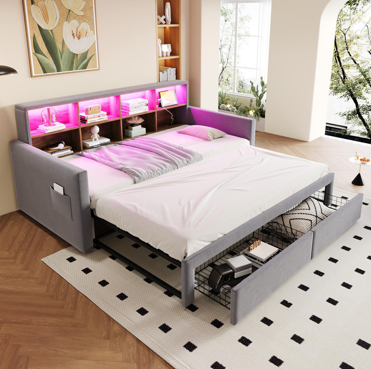 POLSTERBETT 90/190 cm Hellgrau aus Samt mit Stauraum LED-Beleuchtung und Ladeanschlüssen - Hellgrau, Textil (90/190cm) - OKWISH