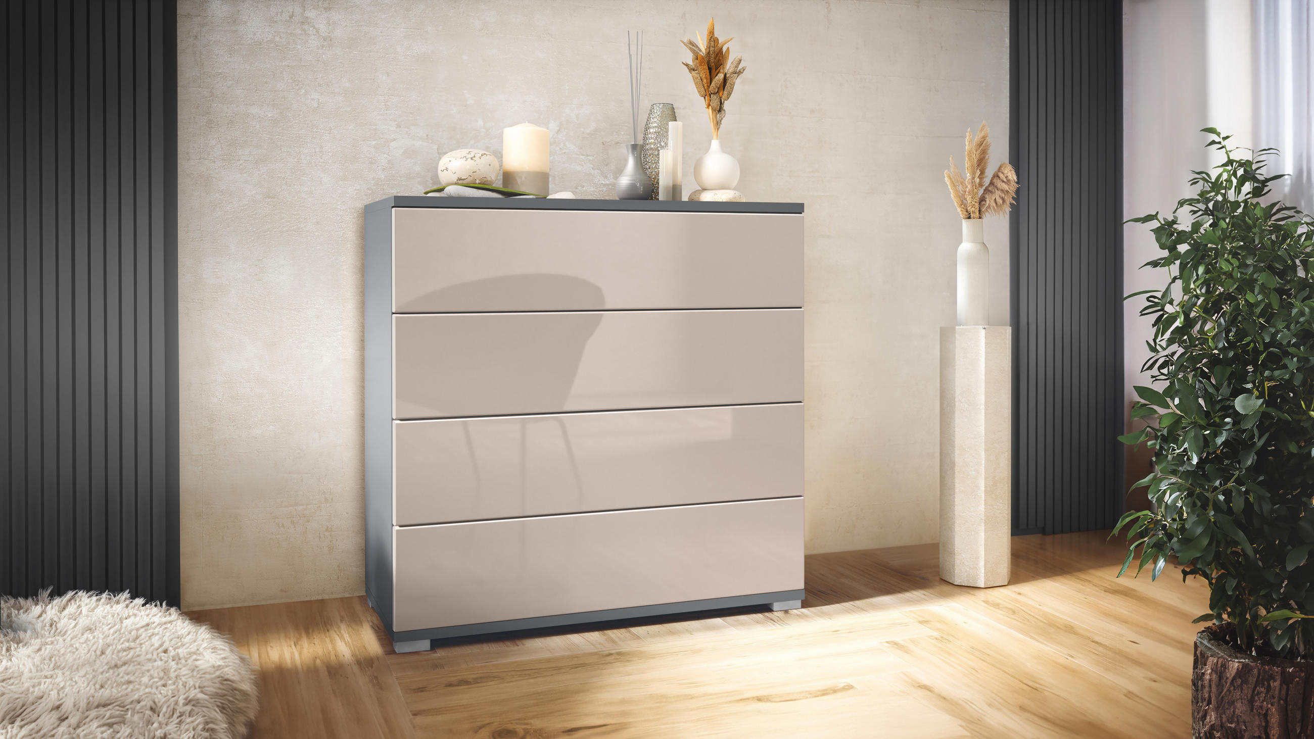 KOMMODE Pavos Sandgrau Hochglanz - Sandfarben, Holzwerkstoff (76/76/35cm) - Vladon