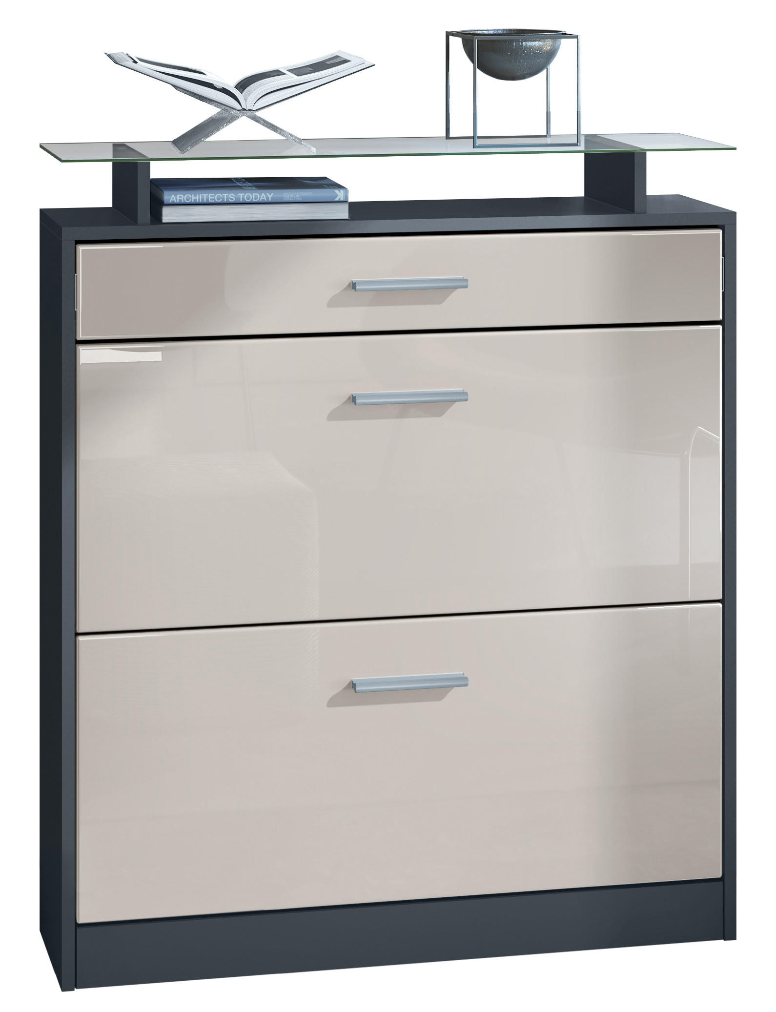 SCHUHSCHRANK Loret Fronten in Sandgrau Hochglanz - Sandfarben, Holzwerkstoff (89/104/23cm) - Vladon