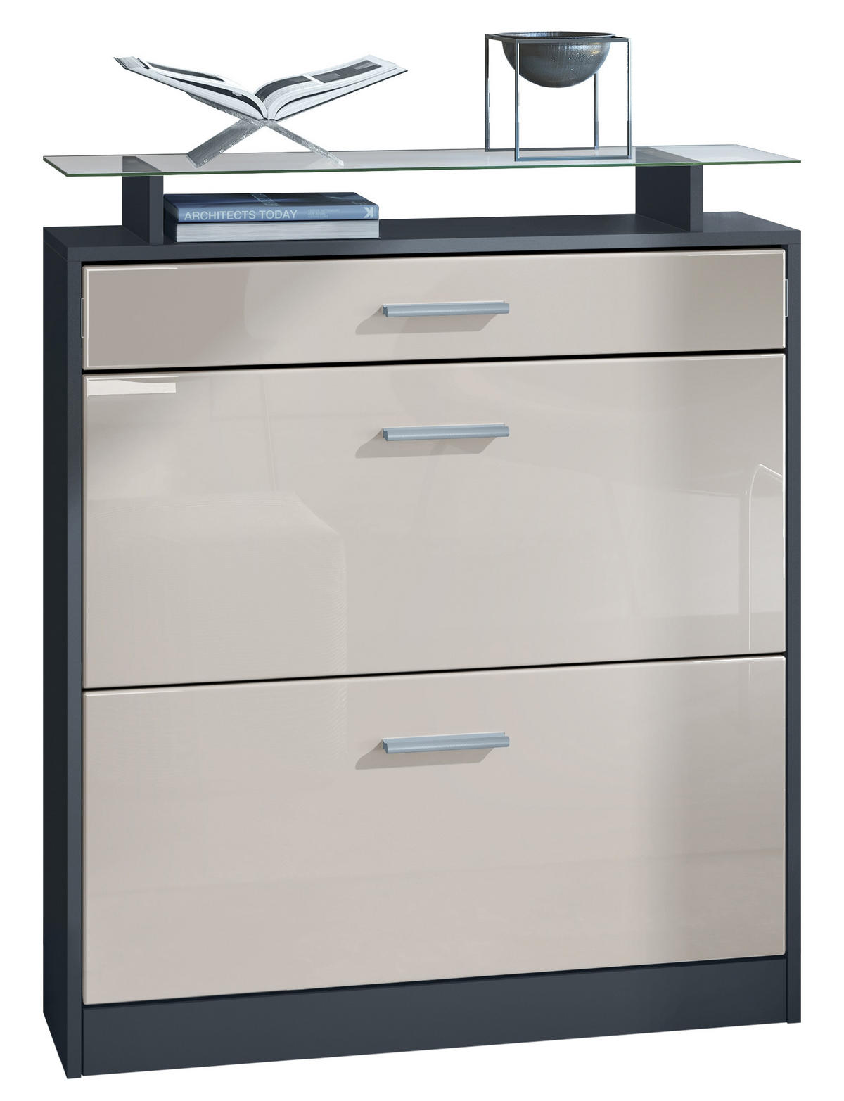 SCHUHSCHRANK Loret Fronten in Sandgrau Hochglanz - Sandfarben, Holzwerkstoff (89/104/23cm) - Vladon