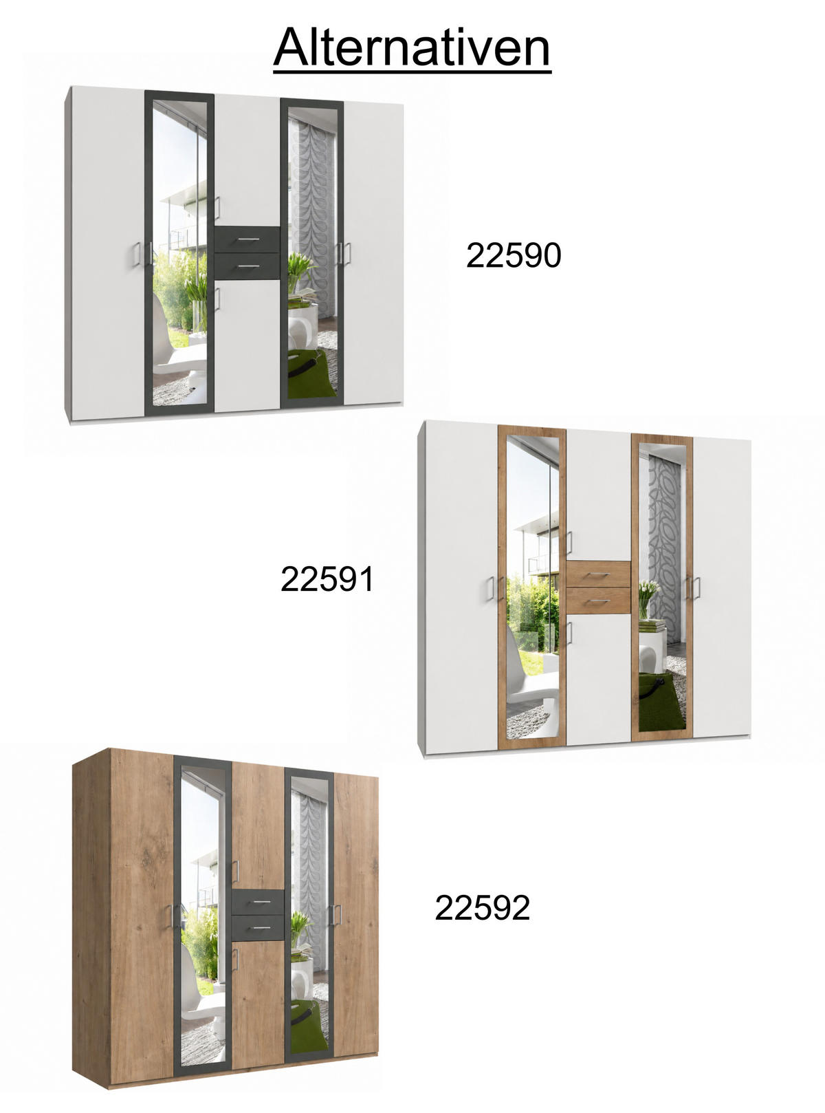 DREHTÜRENSCHRANK Kleiderschrank B225/H208/T58 cm mit Schubkästen & 2 Spiegeltüren, Eiche Dekor mit Absetzungen in Grafit / 22592 - Eichefarben/Silberfarben, Holzwerkstoff/Kunststoff (225/208/58cm) - luma-home