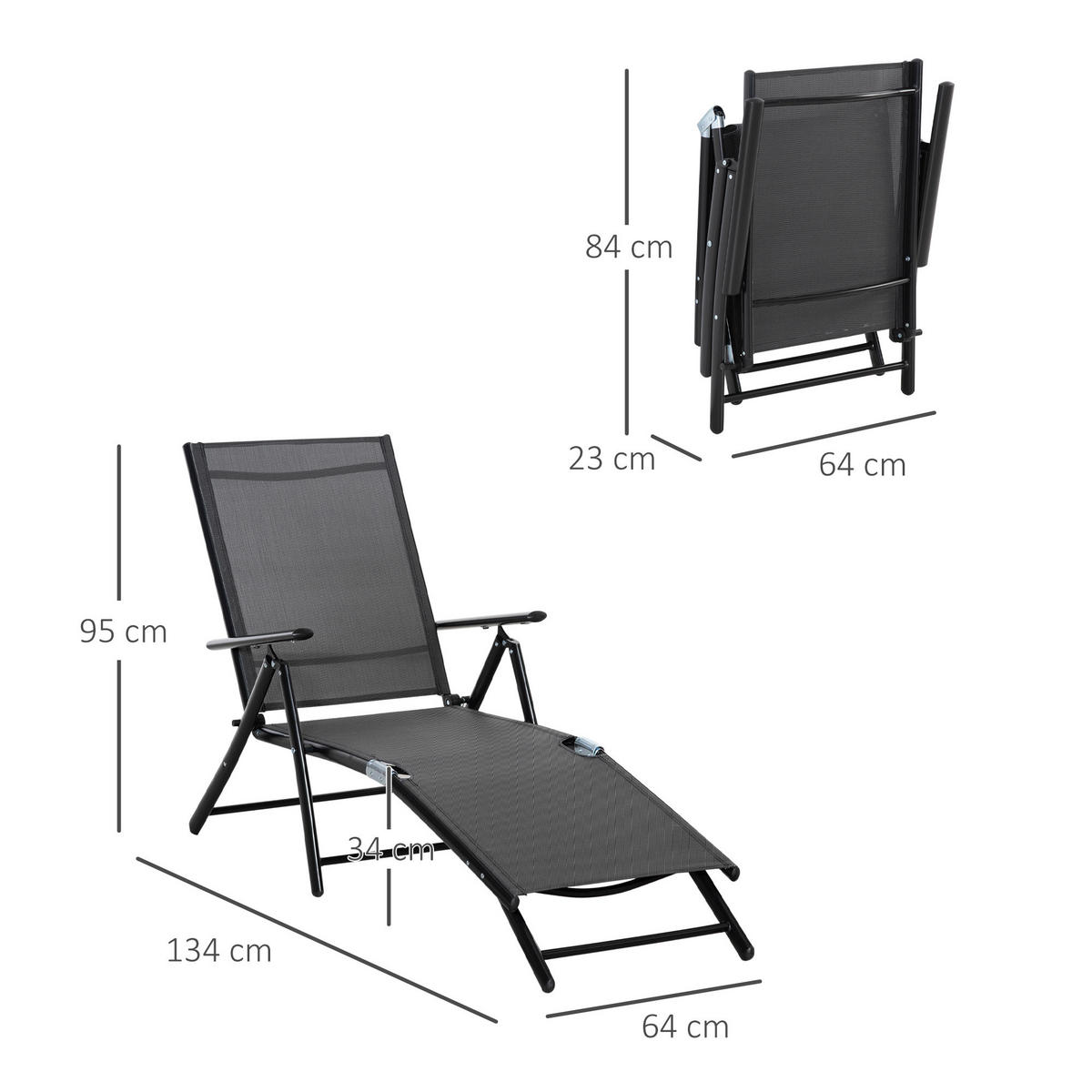 SONNENLIEGE Set mit 2 klappbaren Gartenstühlen mit verstellbarer Rückenlehne 64 x 134 x 95 cm ,Schwarz - Schwarz, Metall (134/95/64cm) - Vallsero