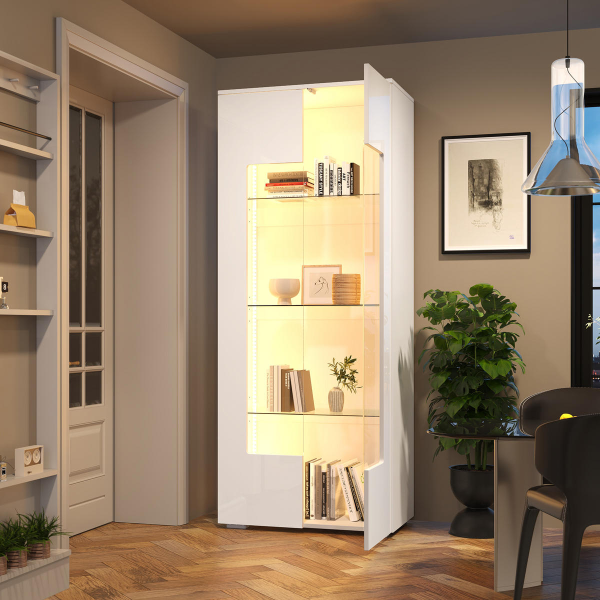 VITRINE Hochglanz LED Acryltüren Gehärtetes Glas Weiß - Weiß, Holzwerkstoff (70/173/40cm) - FLIEKS