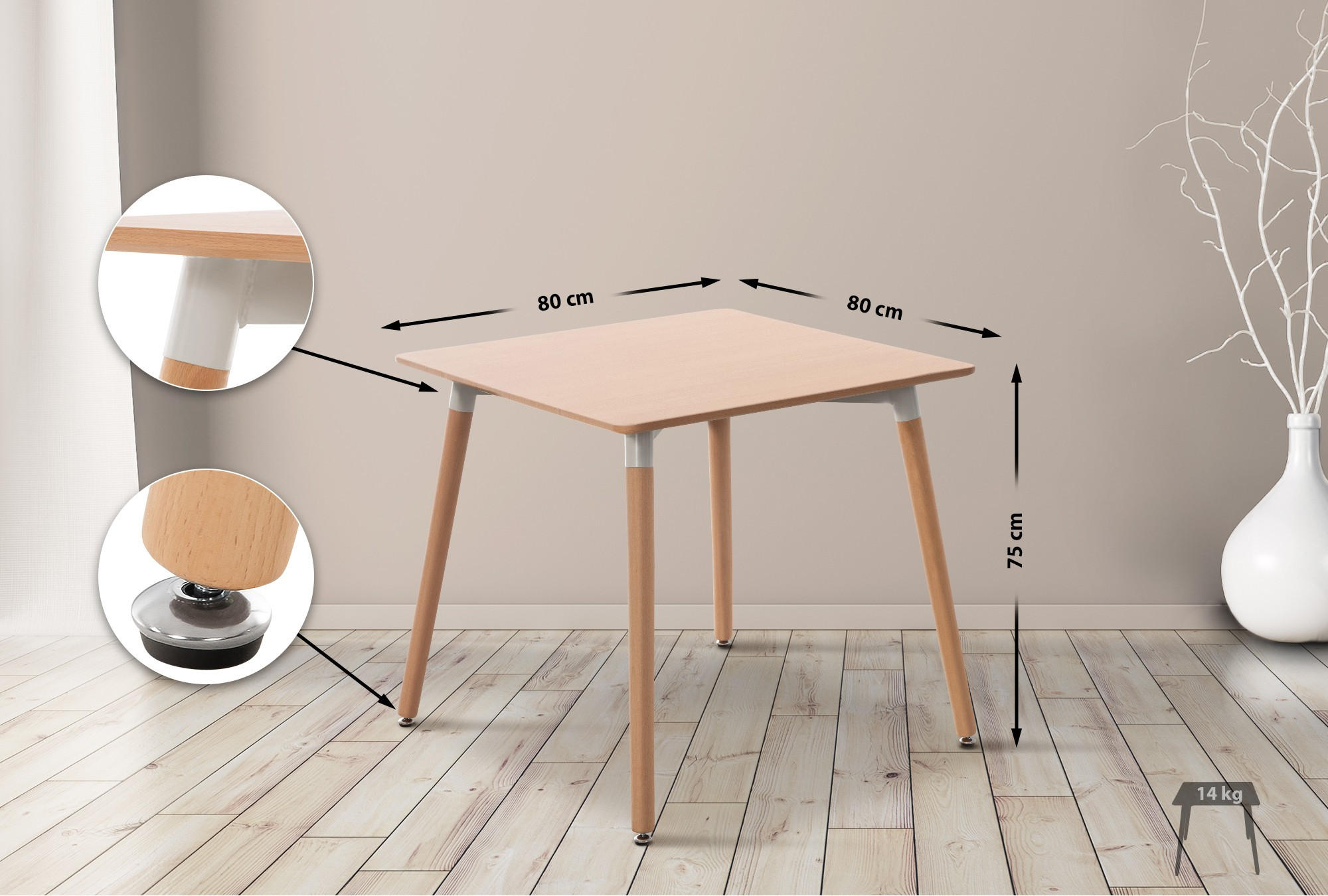 KONSOLENTISCH eckig 80/80/75 cm Holz natura - Eukalyptusholzfarben, Holz (80/80/75cm) - CLP