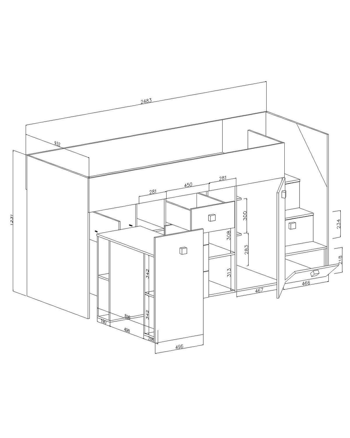 HOCHBETT 248,5/93/123 - Schwarz/Weiß, Holz (90/200cm) - MÖBEL KRYSPOL