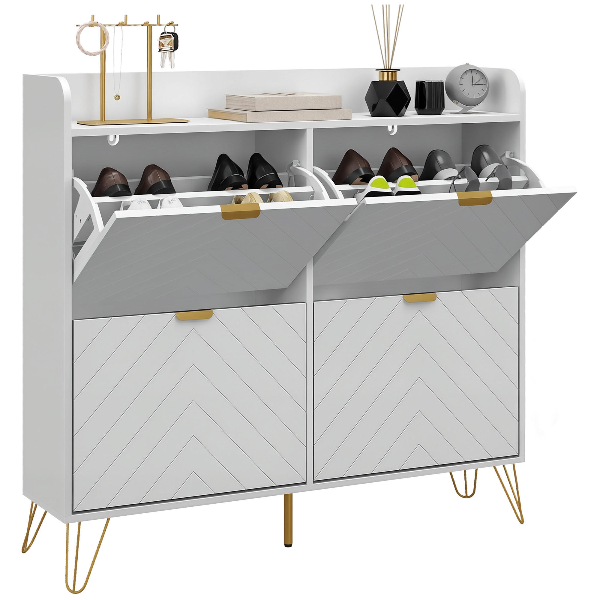SCHUHSCHRANK DE-15008 4 Klapptüren mit verstellbaren Böden Weiß - Weiß, Holzwerkstoff (106/102/24cm) - ComfortXL