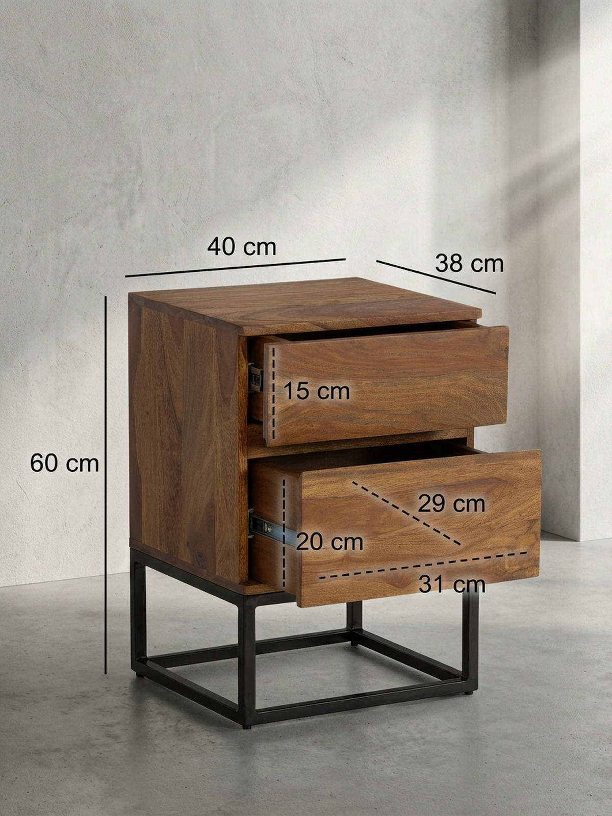 NACHTTISCH – Massivholz/Metall, 40x38x60 cm, 2 Schubladen, Industrial-Stil - Schwarz/Braun, Holz/Metall (40/60/38cm) - KADIMA DESIGN