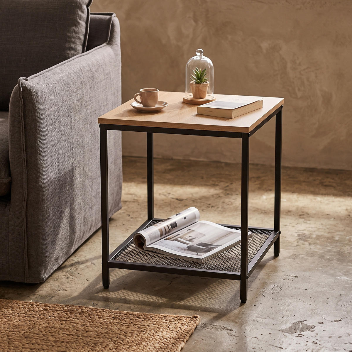 BEISTELLTISCH mit Ablage aus Gitter quadratisch Braun 45/45/55 cm - Hellbraun, Metall (45/45/55cm) - SCENA LIVING