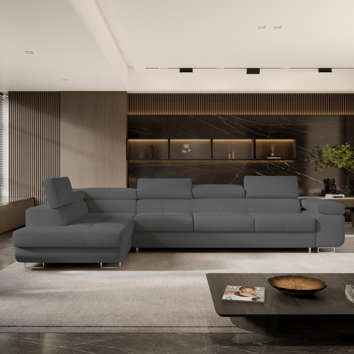 ECKSOFA VICENTE Grau Boucle-Stoff mit Schlaffunktion - Grau, Holz (346/202cm) - MASSENO