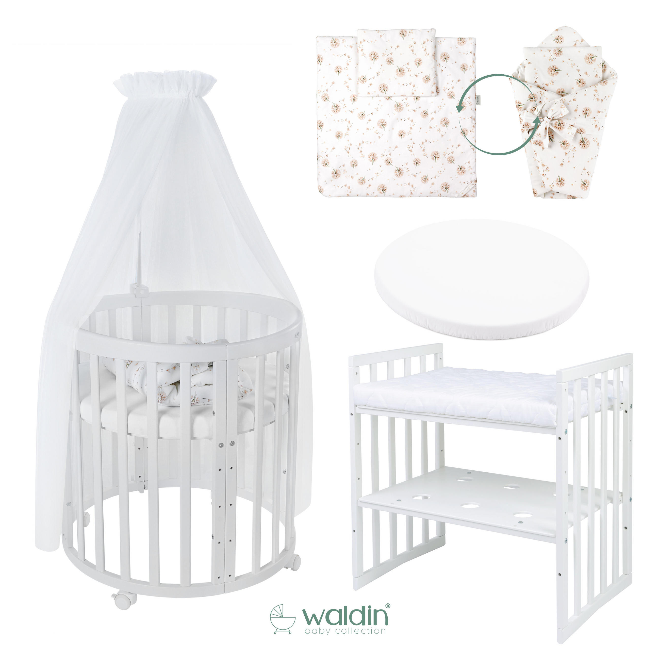 BABYBETT WHITE OVAL 7in1 mit Matratze und Himmelset - Naturfarben/Weiß, Holz/Textil