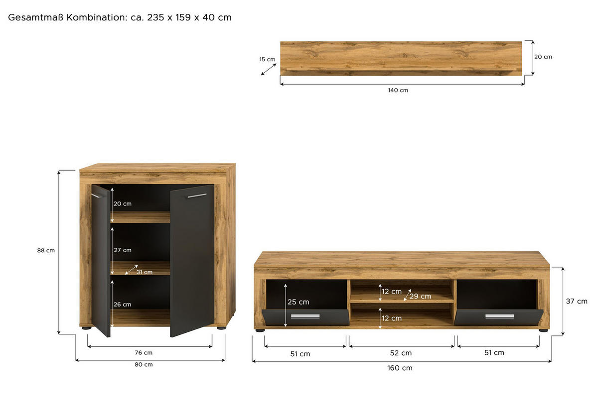 WOHNWAND Milo 3 tlg. (B/H/T: ca. 255/159/40 cm) in Wotan Eiche /grau - Eiche Wotan, Holzwerkstoff (255/159/40cm)