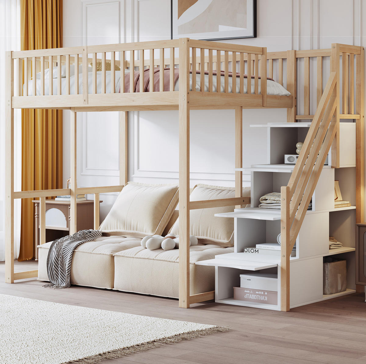 HOCHBETT 140/200 cm aus Kiefernholz mit Stauraumleiter, Naturholz - Naturfarben, Holz (140/200cm) - OKMYHOME