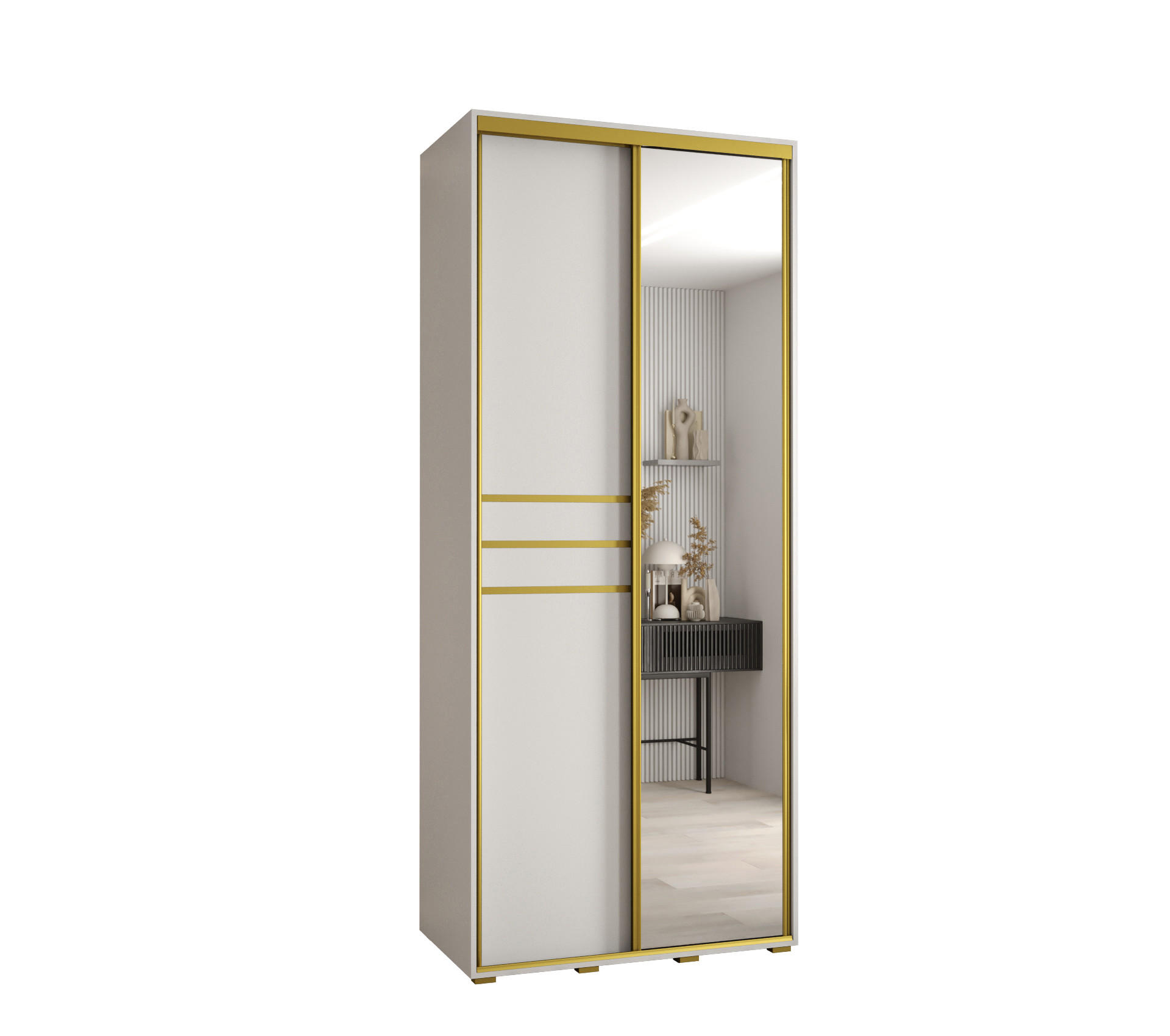 Abiks Möbel Schwebetürenschrank Weiß, Weiß, Gold 120x235x60 cm