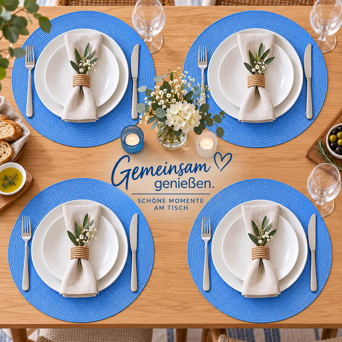 TISCHSET 4er Set Bleu rund 35 cm Ø Platzset abwaschbar Platzdeckchen geflochtene Optik - Blau, Kunststoff (35cm) - TiborTex