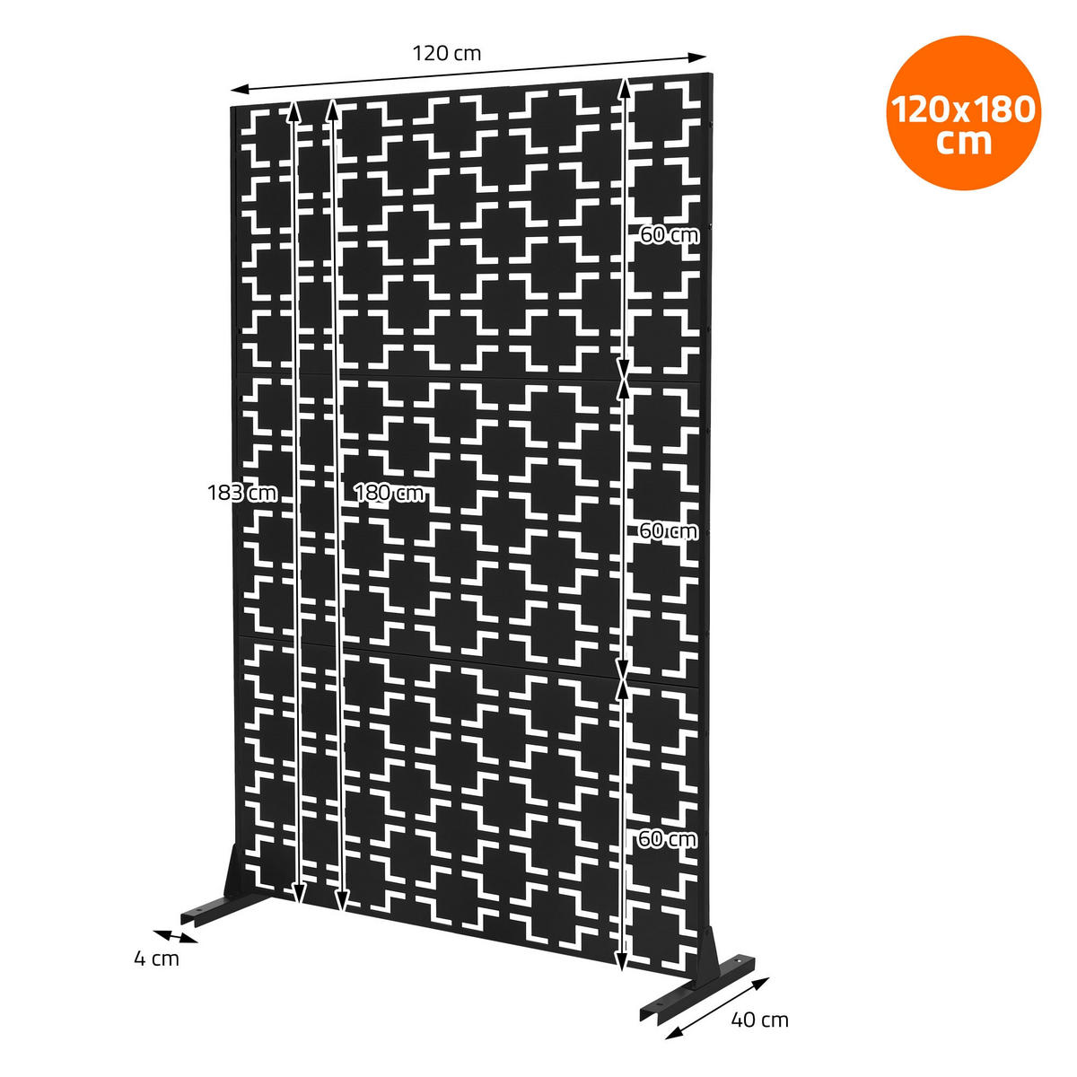 METALL-SICHTSCHUTZ Milano 120x180 cm Schwarz aus Stahl - Schwarz, Metall (120/183cm) - ML-DESIGN