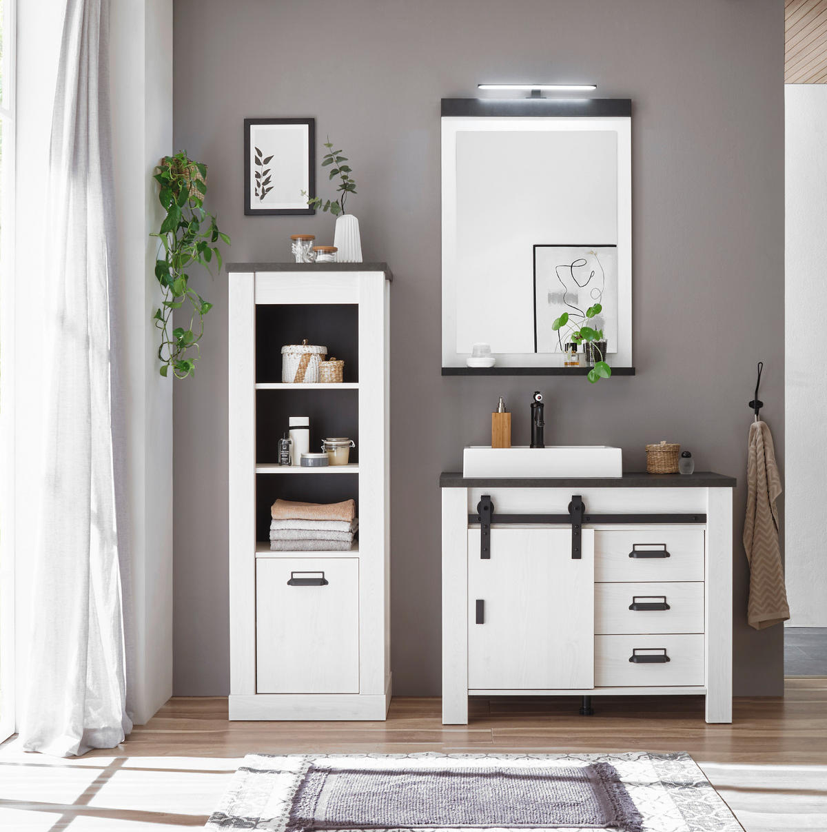 BADSCHRANK weiß Pinie, anthrazit Landhaus, Midischrank mit Soft-Close - Anthrazit/Weiß, Holzwerkstoff/Metall (51/146/38cm) - Furn.Design
