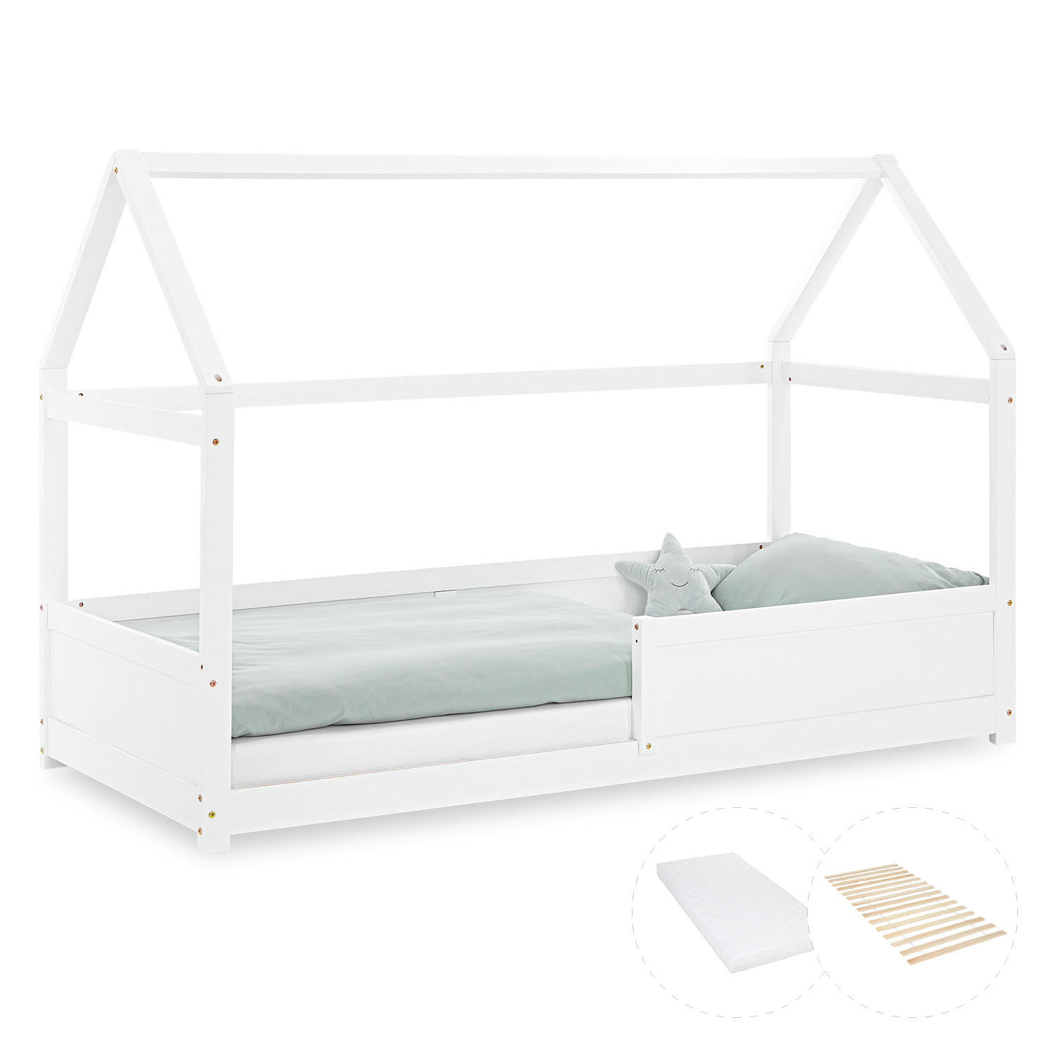 BODENBETT 90/200 cm in Weiß mit Matratze - Weiß, Holz (90/200cm) - Homestyle4u