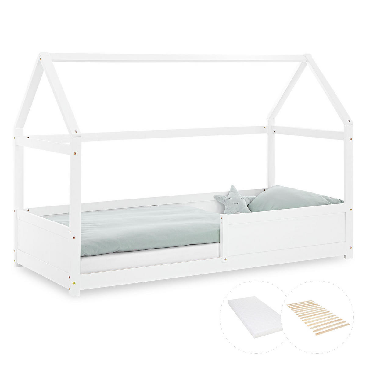 BODENBETT 90/200 cm in Weiß mit Matratze - Weiß, Holz (90/200cm) - Homestyle4u