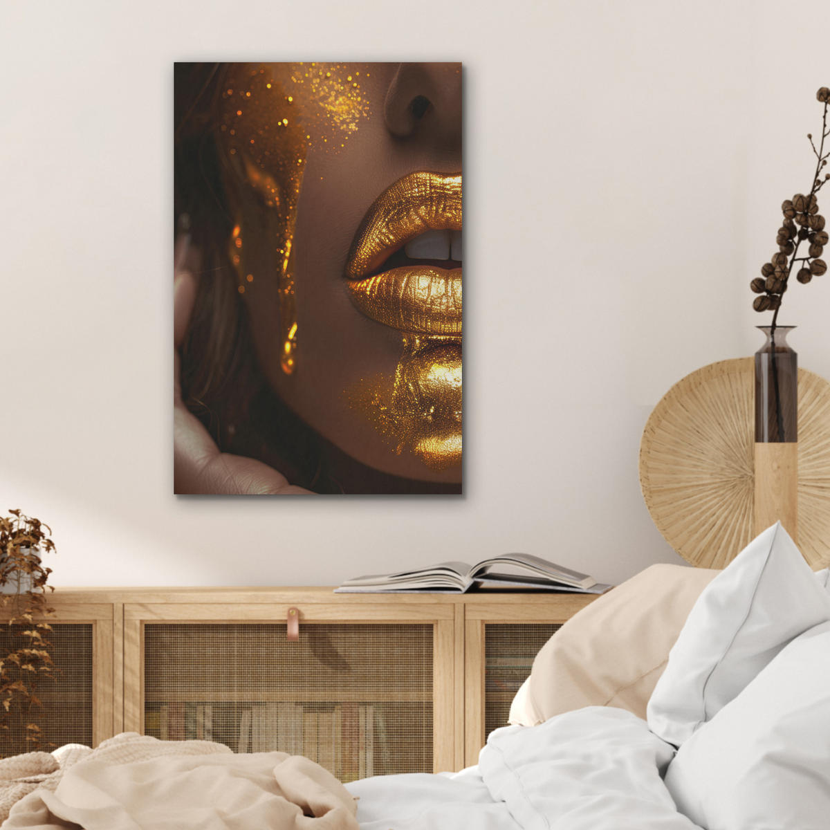 AKUSTIKBILD Frau - Gold - Luxus - Porträt Kunstdruck Schlafzimmer 50x70 cm - Goldfarben, Kunststoff (50/70/0.9cm) - MuchoWow