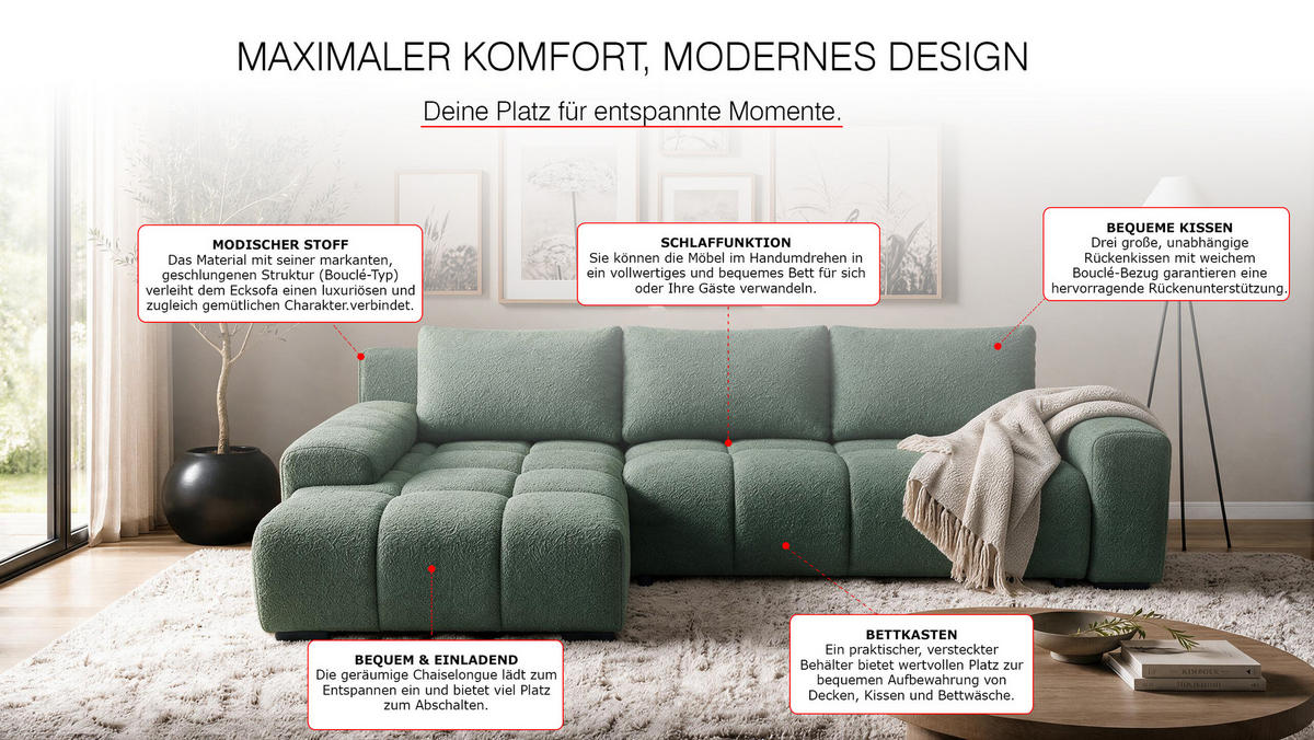 ECKSOFA Ovia mit Bettkasten und Schlaffunktion, Bouclé-Stoff in L-Form - Grün, Textil (270/185cm)