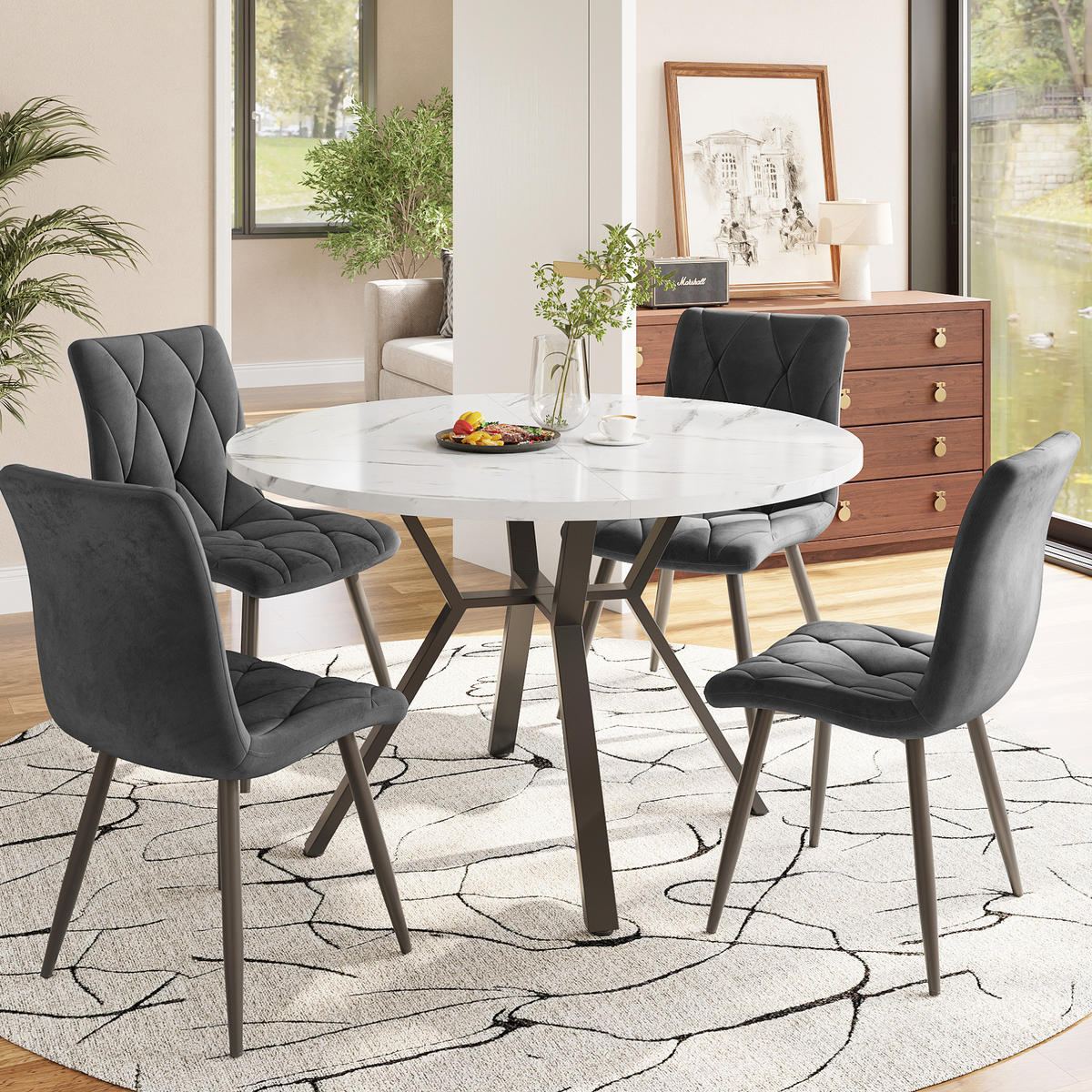 ESSTISCH 100x100x75 cm in Schwarz aus MDF mit Weiß-Marmoroptik auf X-förmigem Stahlgestell - Schwarz, Holzwerkstoff (100/100/75cm) - Modfu