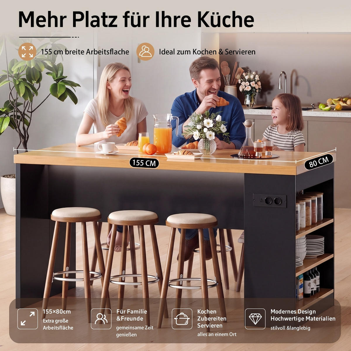 KÜCHENINSEL mit Steckdose, LED Beleuchtung, 40mm Arbeitsplatte, 3 Ablagen, MDF, 155/80/90 cm - Schwarz, Kunststoff (80/90/155cm) - Rolipo