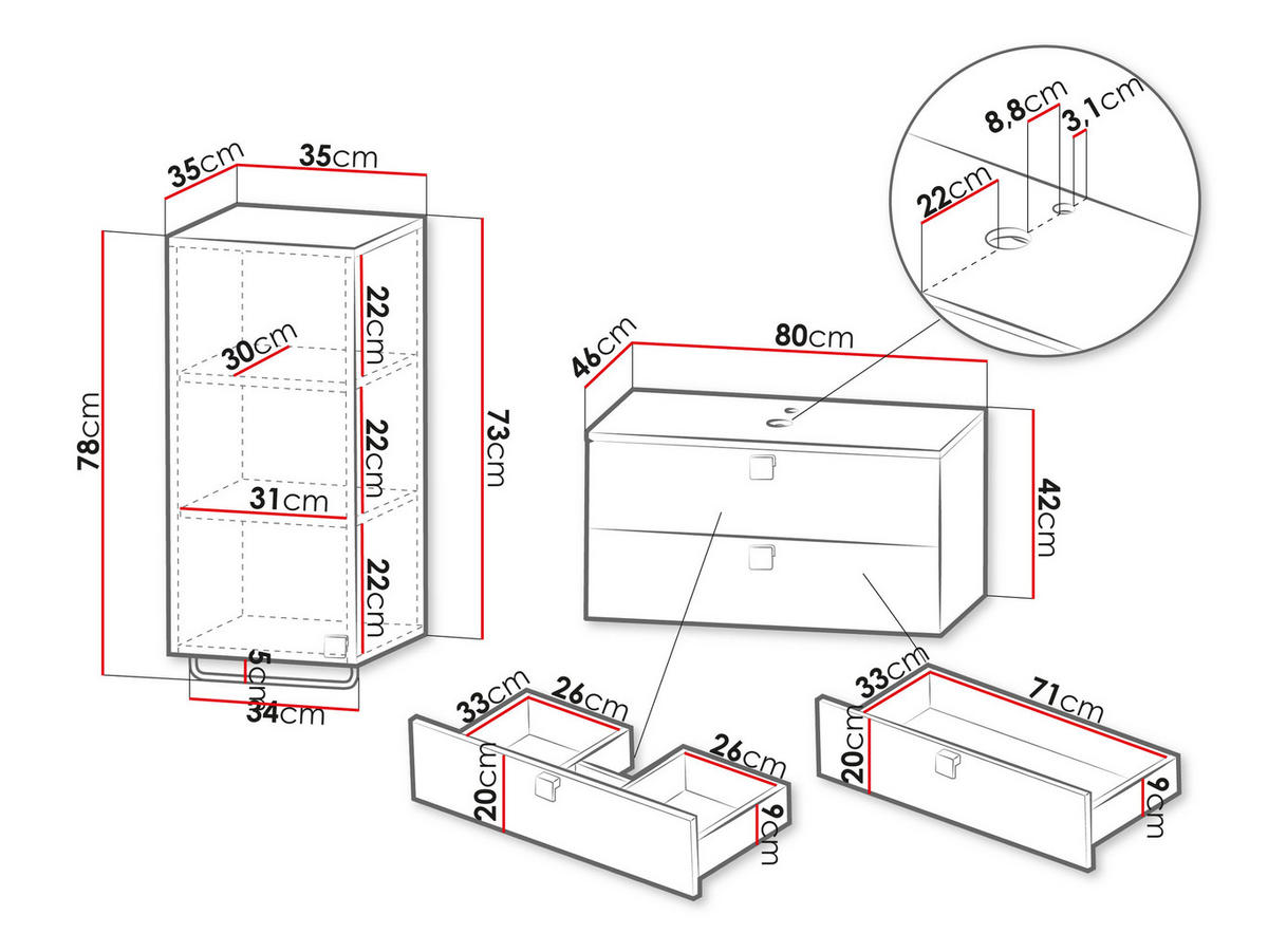 BADMÖBEL-SET Gariano IV - Goldfarben/Grau, Holzwerkstoff/Kunststoff (80/42/46cm) - MIRJAN24