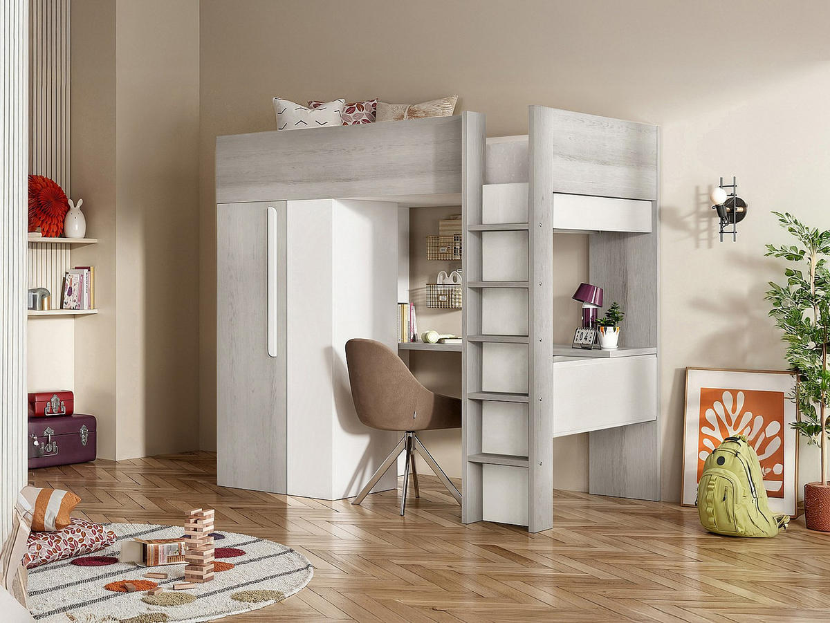 HOCHBETT mit Schreibtisch & Kleiderschrank - 90 x 200 cm - Holzfarben Grau & Weiß - NICOLAS - Hellgrau, Holz (110/205.2cm) - Vente-Unique