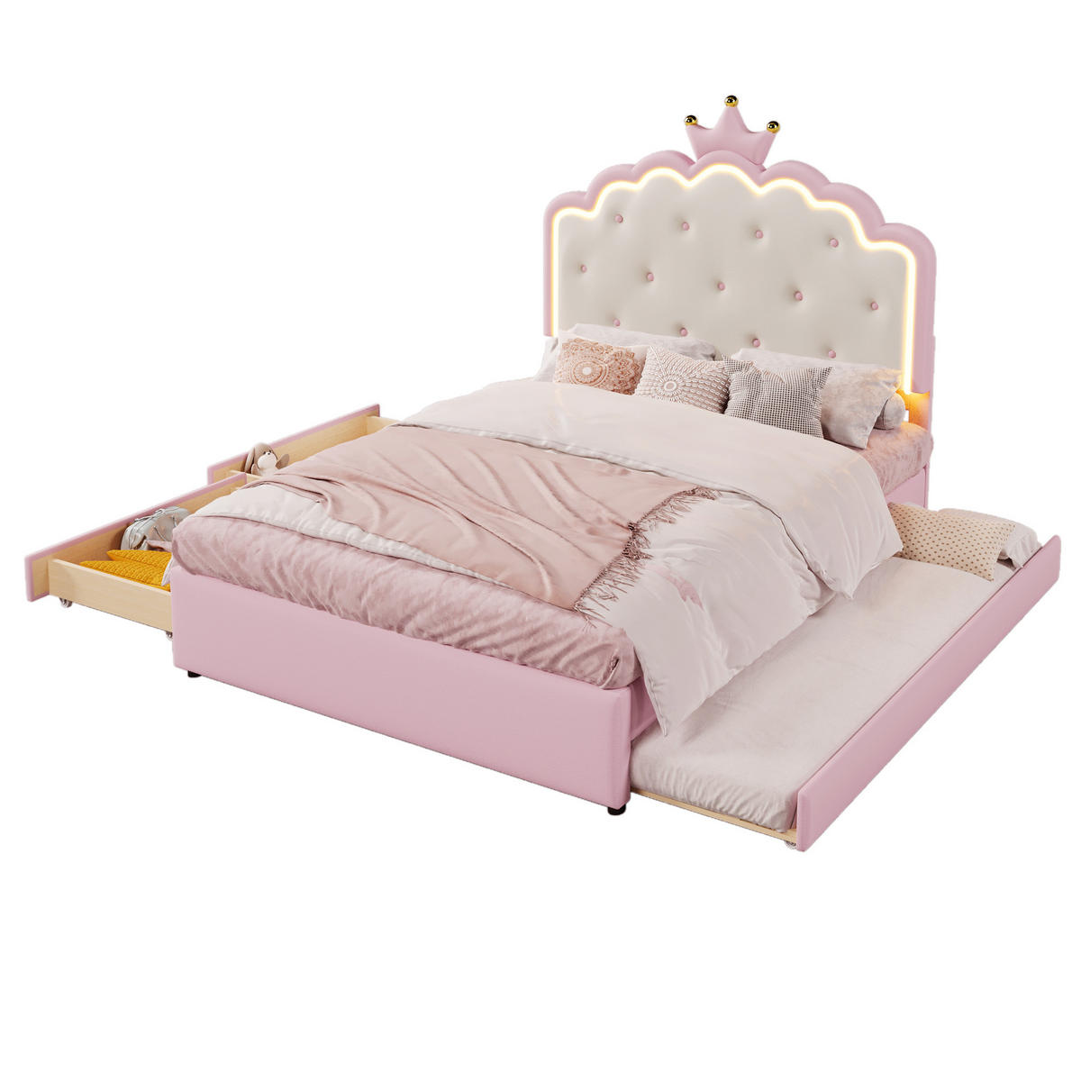 POLSTERBETT 140/200 cm mit LED-Beleuchtung und Ausziehbett in Rosa - Rosa, Kunststoff (140/200cm) - BEAOK