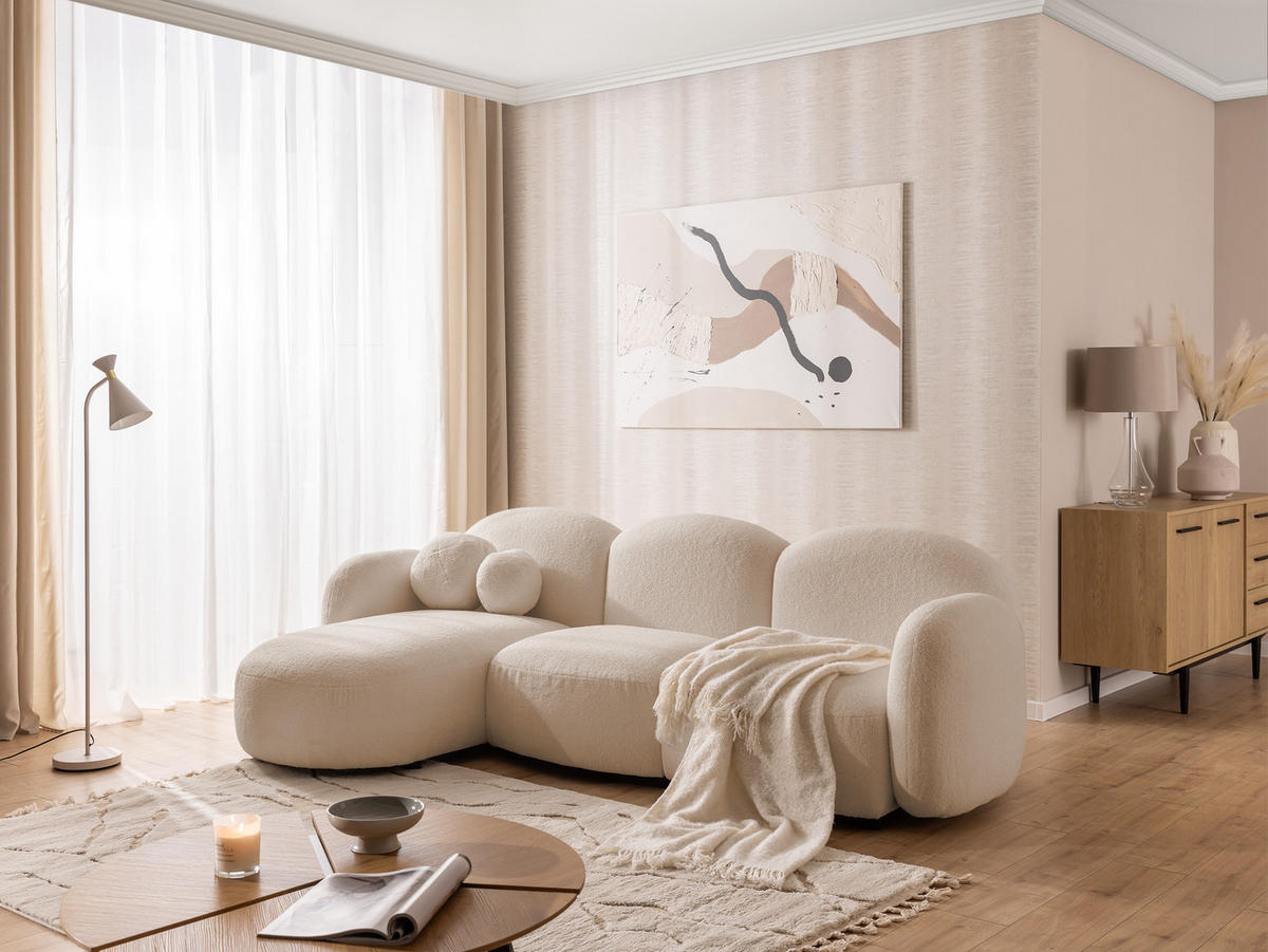 ECKSOFA Nuvola mit abgerundetem Design Hellbeige Bouclé-Stoff - Ottomane Links - Beige/Schwarz, Holz/Kunststoff (268/146cm) - S-Style Möbel