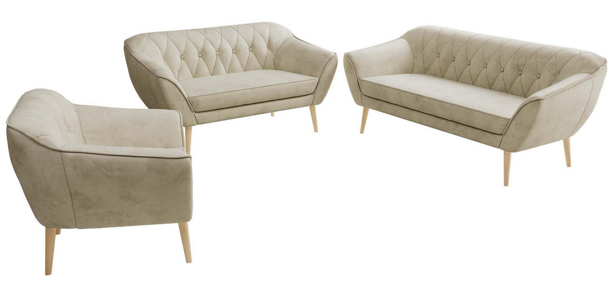 SITZGARNITUR PIRS 3+2+1 - Beige Velvet - Holzbeine - Beige/Buchefarben, Holzwerkstoff/Textil (180/75/74cm) - MKS