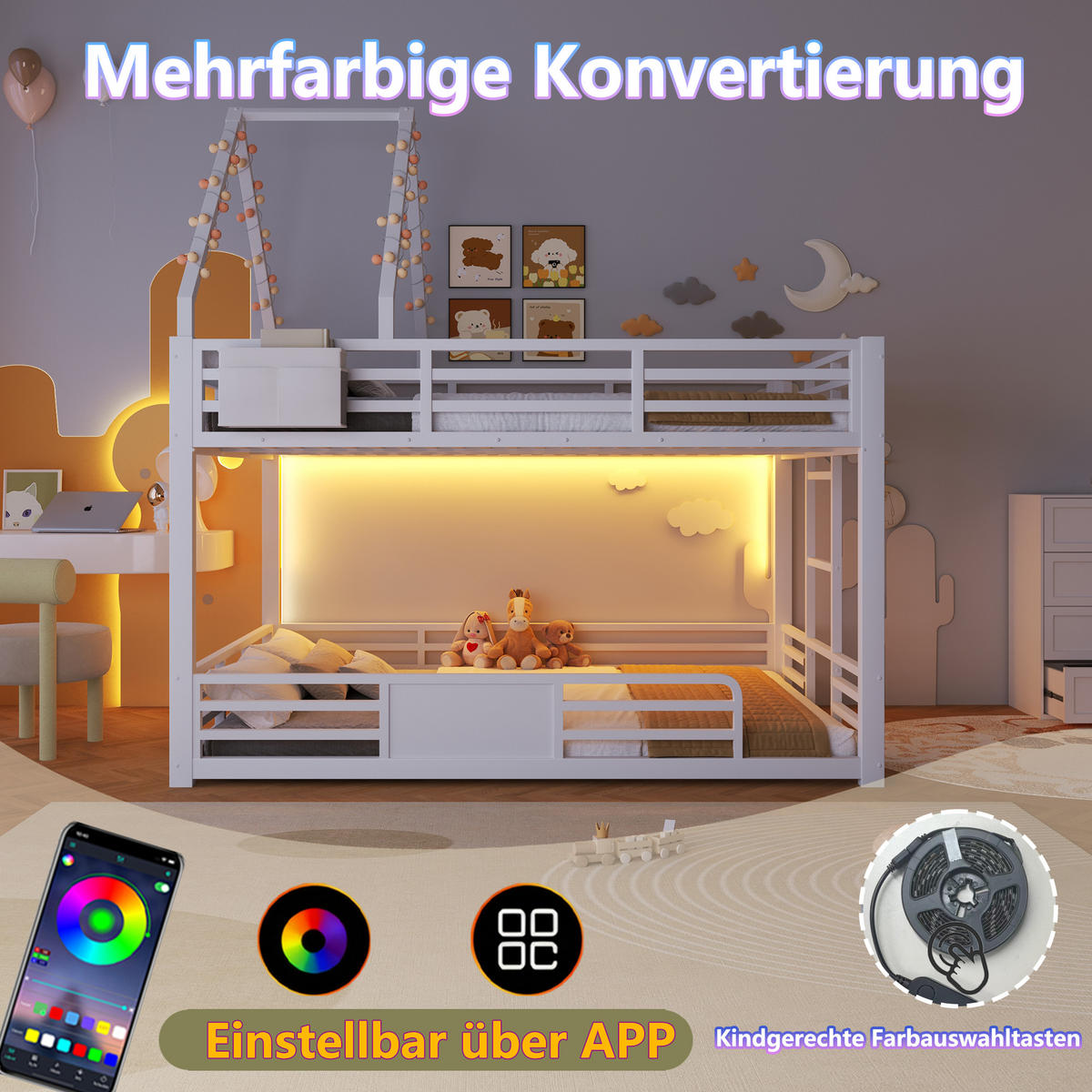 ETAGENBETT 140x200 cm mit LED-Beleuchtung, Hausbett-Design- Weiß - Weiß, Metall (140/200cm) - KOMHTOM