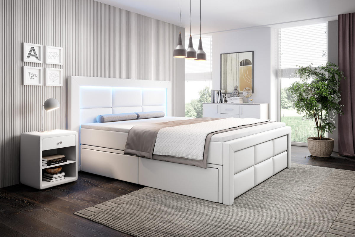BOXSPRINGBETT Aspen mit Schubladen und Topper, LED-Beleuchtung, Kunstleder, 180x200 cm, Weiß - Weiß, Holz - PROMETO Möbel