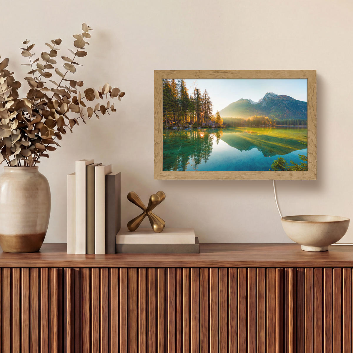 WANDLEUCHTE See - Wald - Berge - Natur - Sonne - Landschaft 30x20 cm - Grün, Holzwerkstoff (30/20/8cm) - OnlyWow