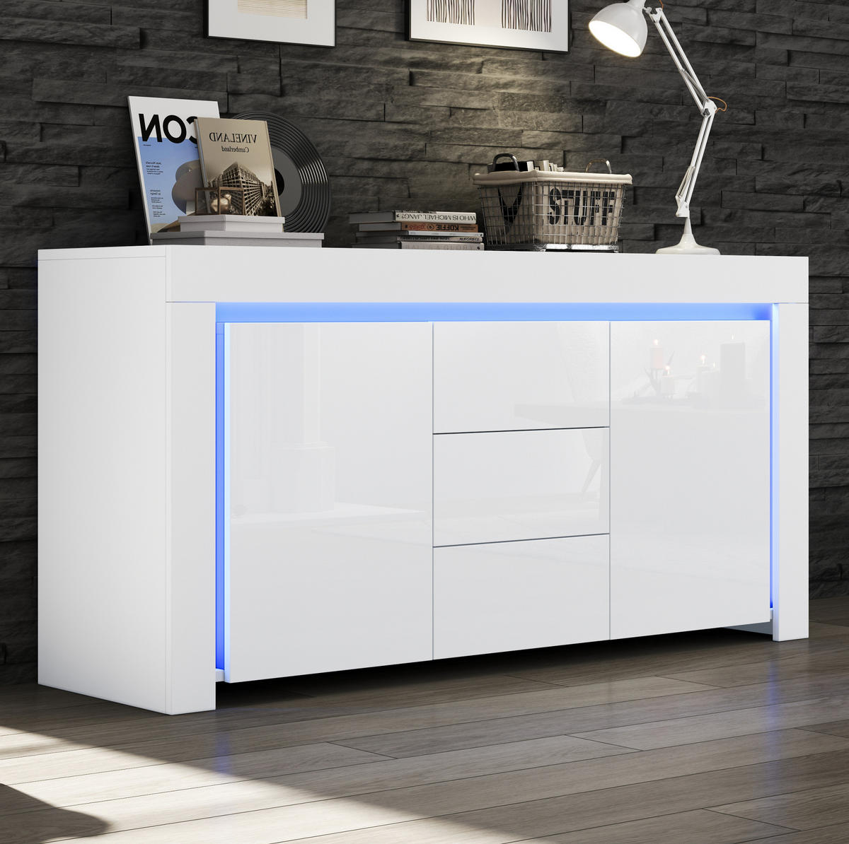 SIDEBOARD aus MDF 140x40x65 cm Weiß mit LED-Beleuchtung, 3 Schubladen und 2 Türen - Weiß, Holzwerkstoff (140/65/40cm) - IVMEU