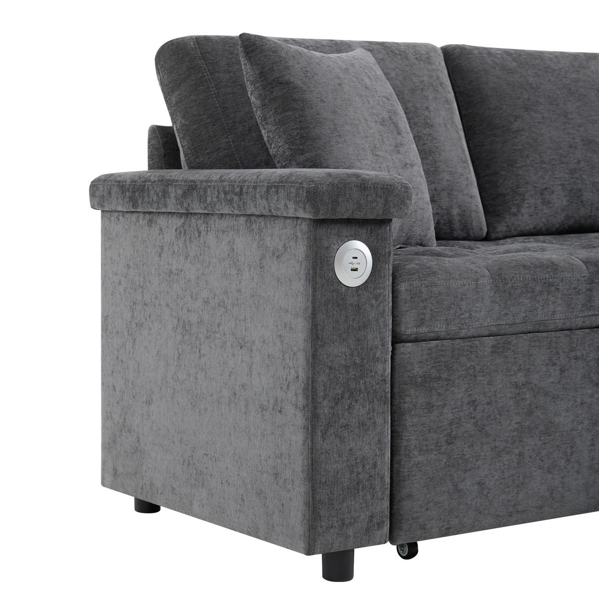 ECKSCHLAFSOFA Chenille Dunkelgrau mit Schlaffunktion, Stauraum, USB und Kissen - Dunkelgrau, Holzwerkstoff/Kunststoff (209/130cm) - WISHDOR