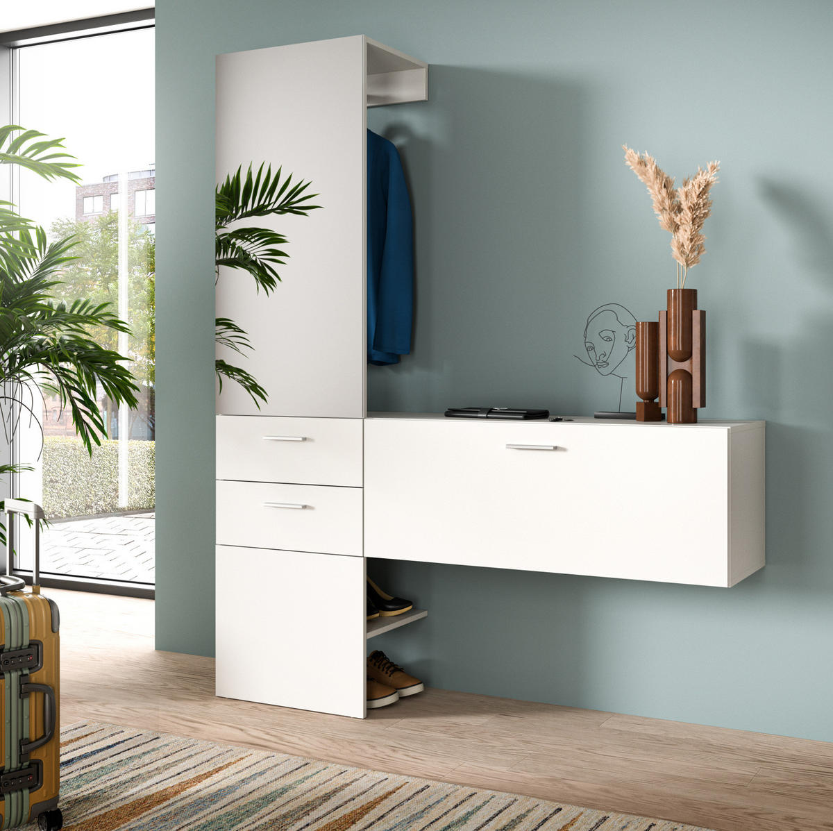 GARDEROBE Set weiß 156 cm, Komplettset 2-teilig mit Spiegel - Silberfarben/Weiß, Glas/Holzwerkstoff (156/190/36cm) - Inn.Furn