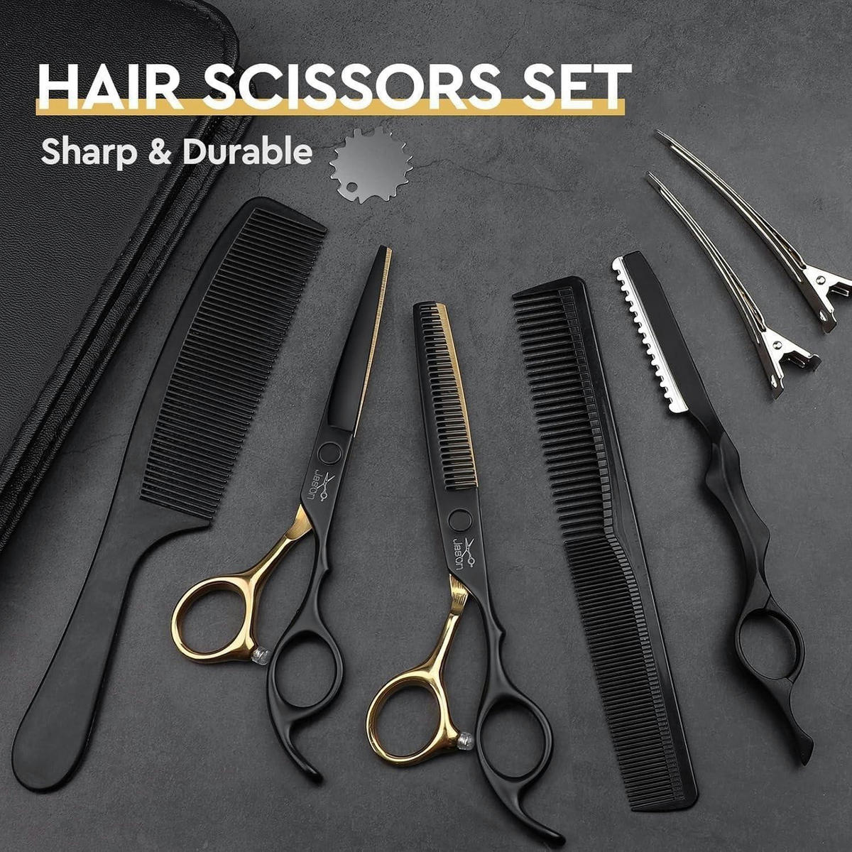 FRISEURSCHEREN Set 10-teilig mit Effilierschere und Zubehör - Schwarz, Metall (16.5/1.5/16.5cm)