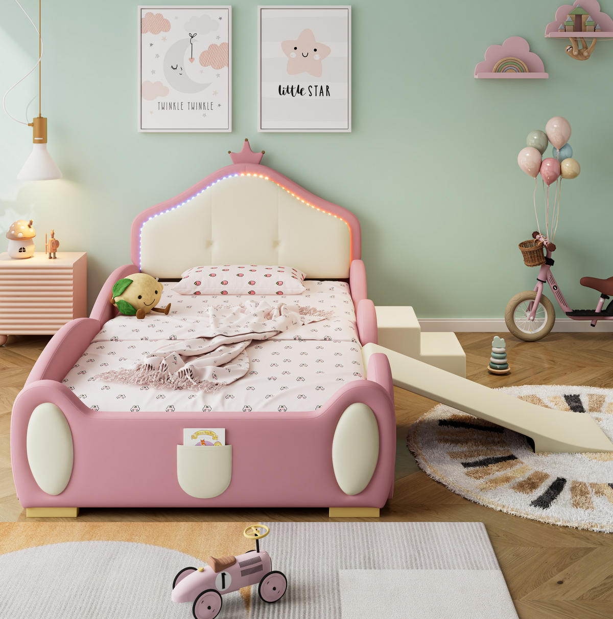 POLSTERBETT 90/200 cm Rosa aus PU mit LED, Rutsche und Treppe - Rosa, Kunststoff (90/200cm) - OKMYHOME