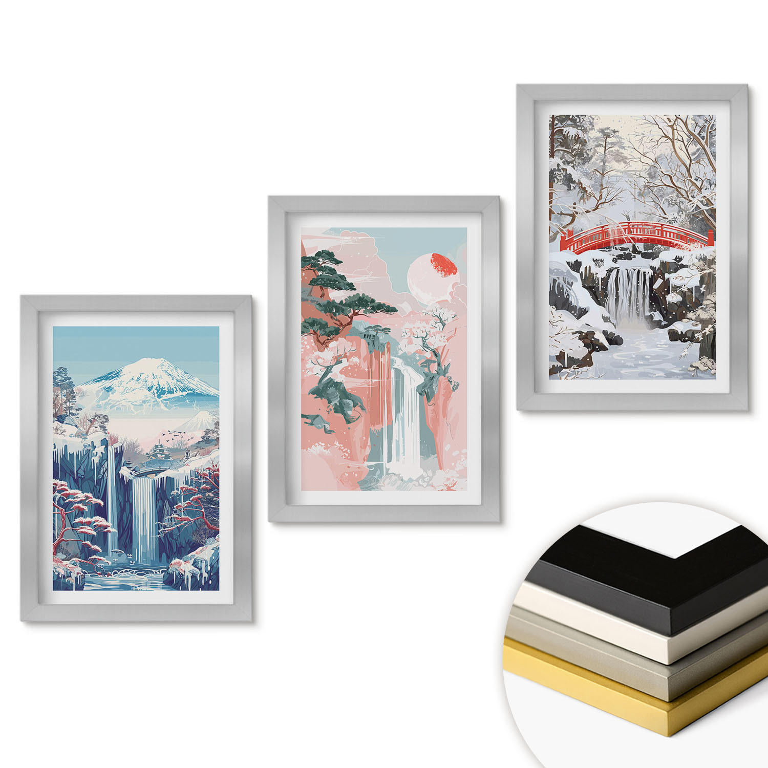 WANDBILDER 3er Set - 20x30 cm Silberner Rahmen - Berglandschaften, Wasserfälle - Silberfarben, Kunststoff (20/30cm) - ArtPrintCave