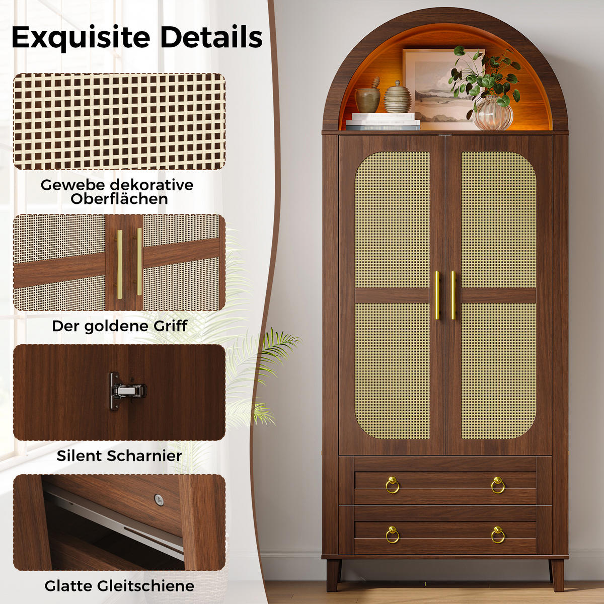 KLEIDERSCHRANK Nussbaum Bogenförmig mit Rattan, 2 Türen, LED & 2 Schubladen - Walnussfarben, Holzwerkstoff (76/184/50cm) - Urban Meuble