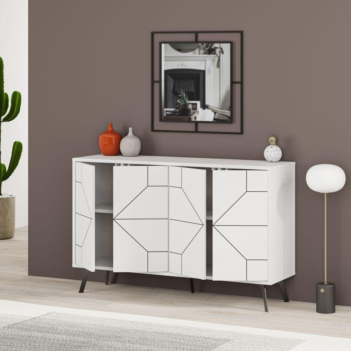 SIDEBOARD mit 4 Türen und dekorierten Türen L123 cm - Dune - Weiß, Holzwerkstoff (35/62.4/123cm) - Calicosy