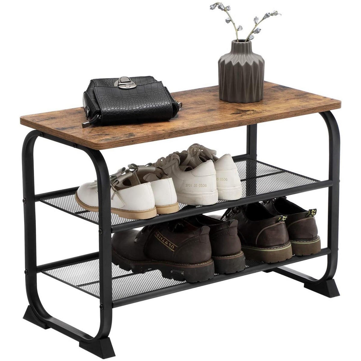 SCHUHBANK Metall Holzoptik Dunkelbraun Schwarz 3 Ebenen 66×30×45 cm - Dunkelbraun/Schwarz, Holzwerkstoff/Metall (30/45/66cm) - Begryf