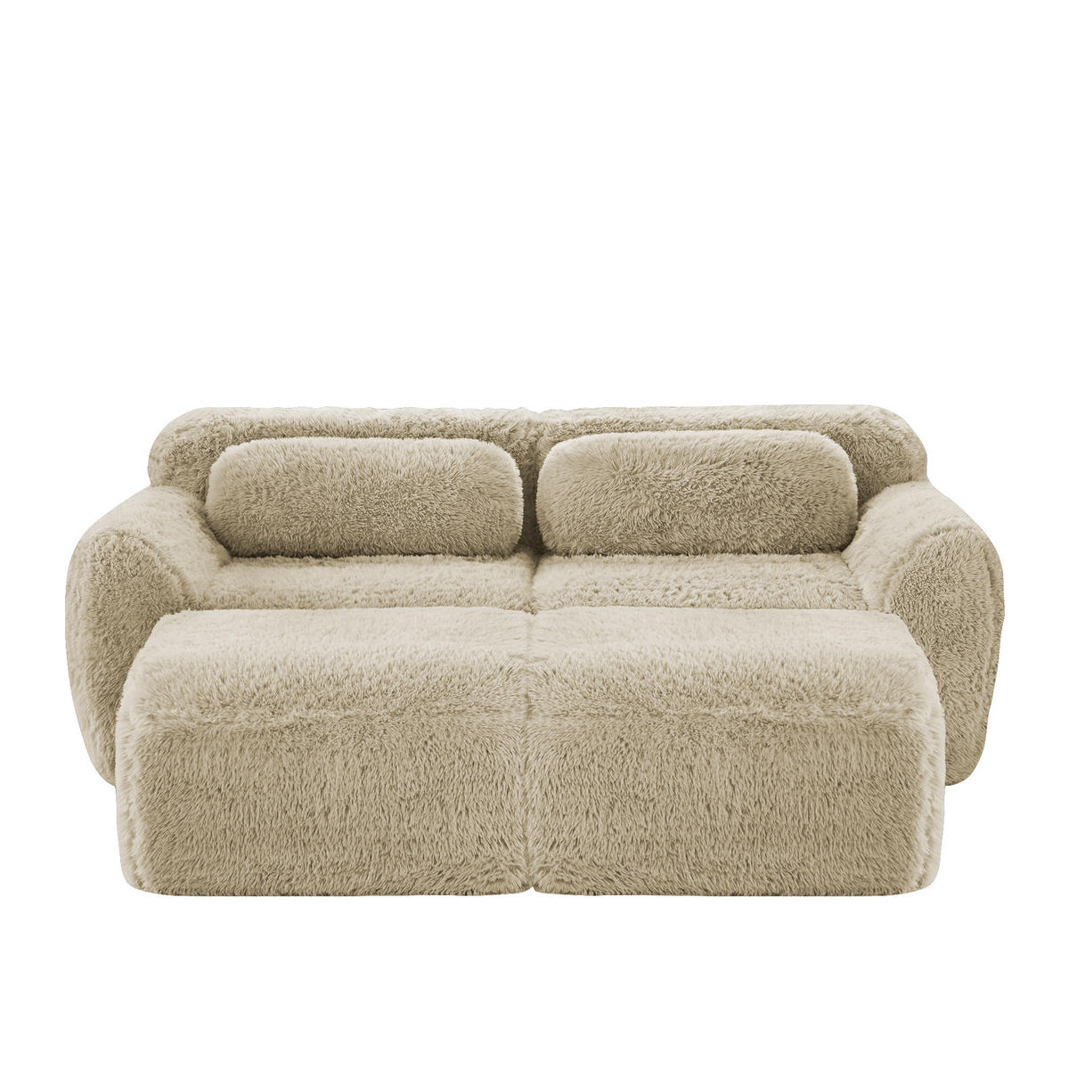 2-SITZER SOFA Plüsch Hellkhaki mit 2 Ottomanen - Beige, Textil (204/73/179cm) - WISHDOR