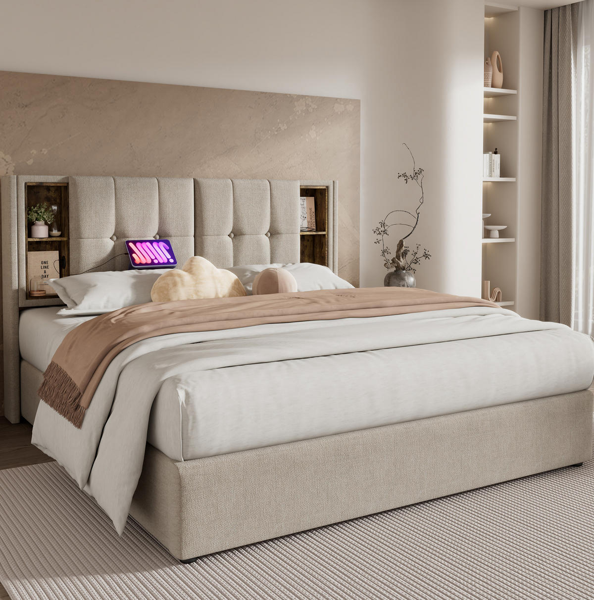 POLSTERBETT 140/200 cm Natur mit Stauraum, Matratze und USB-/Type-C-Anschlüssen - Naturfarben, Textil (140/200cm) - Flora Grace
