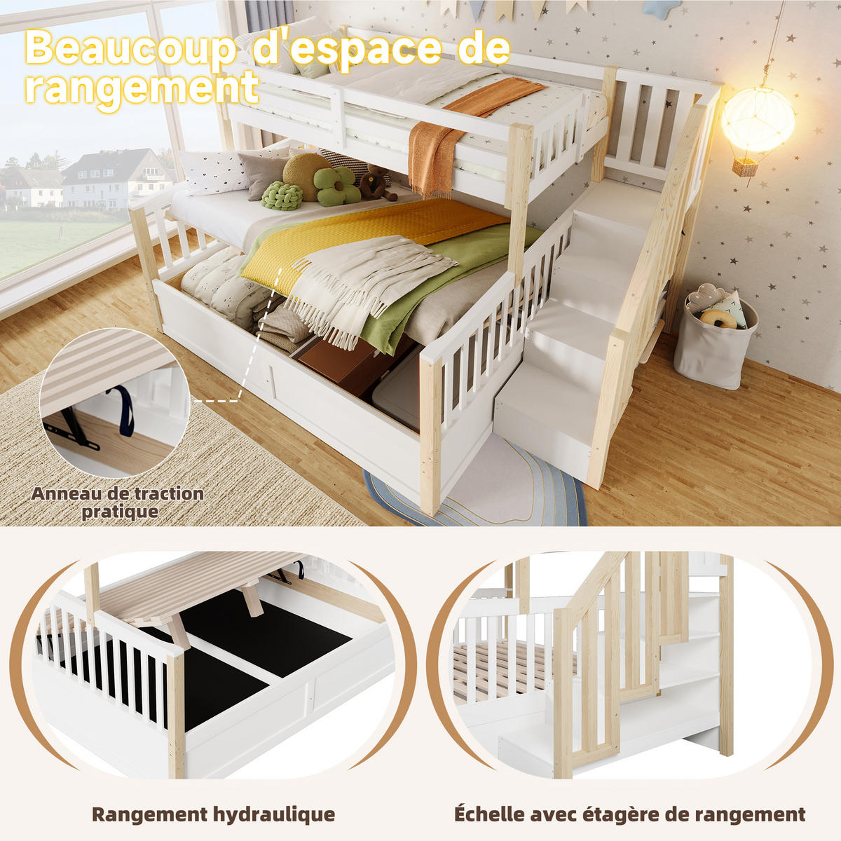 ETAGENBETT Holzbett 90x200+140x200 Weiß/Natur - Naturfarben, Holz (90/200cm) - ComfortXL