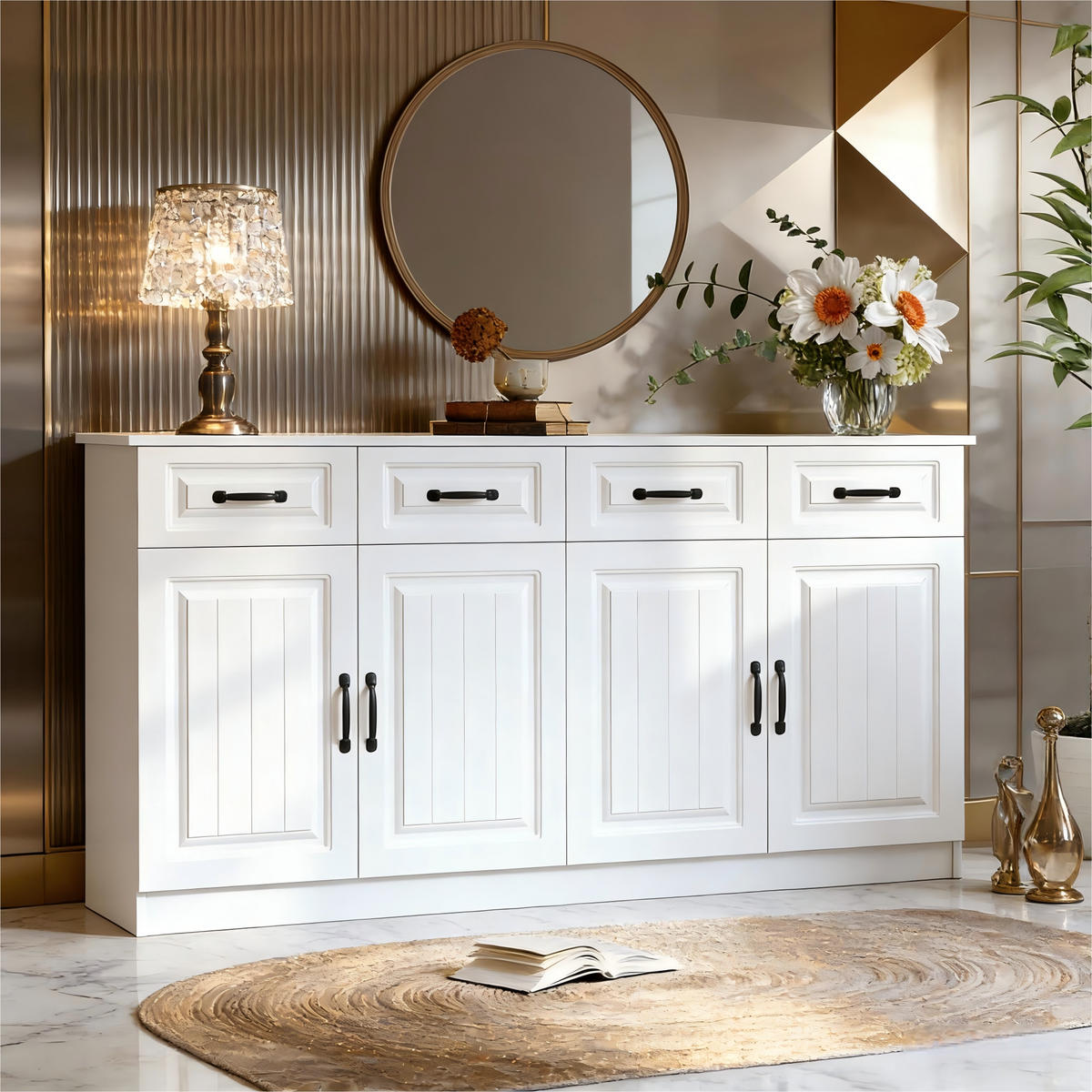 SIDEBOARD in Weiß Kommode mit verstellbarer Einlegeboden für Flur, Wohn-, Büros, B160/T35/TH80cm - Weiß/Naturfarben, Holzwerkstoff/Metall (160/80/35cm) - STILVORA
