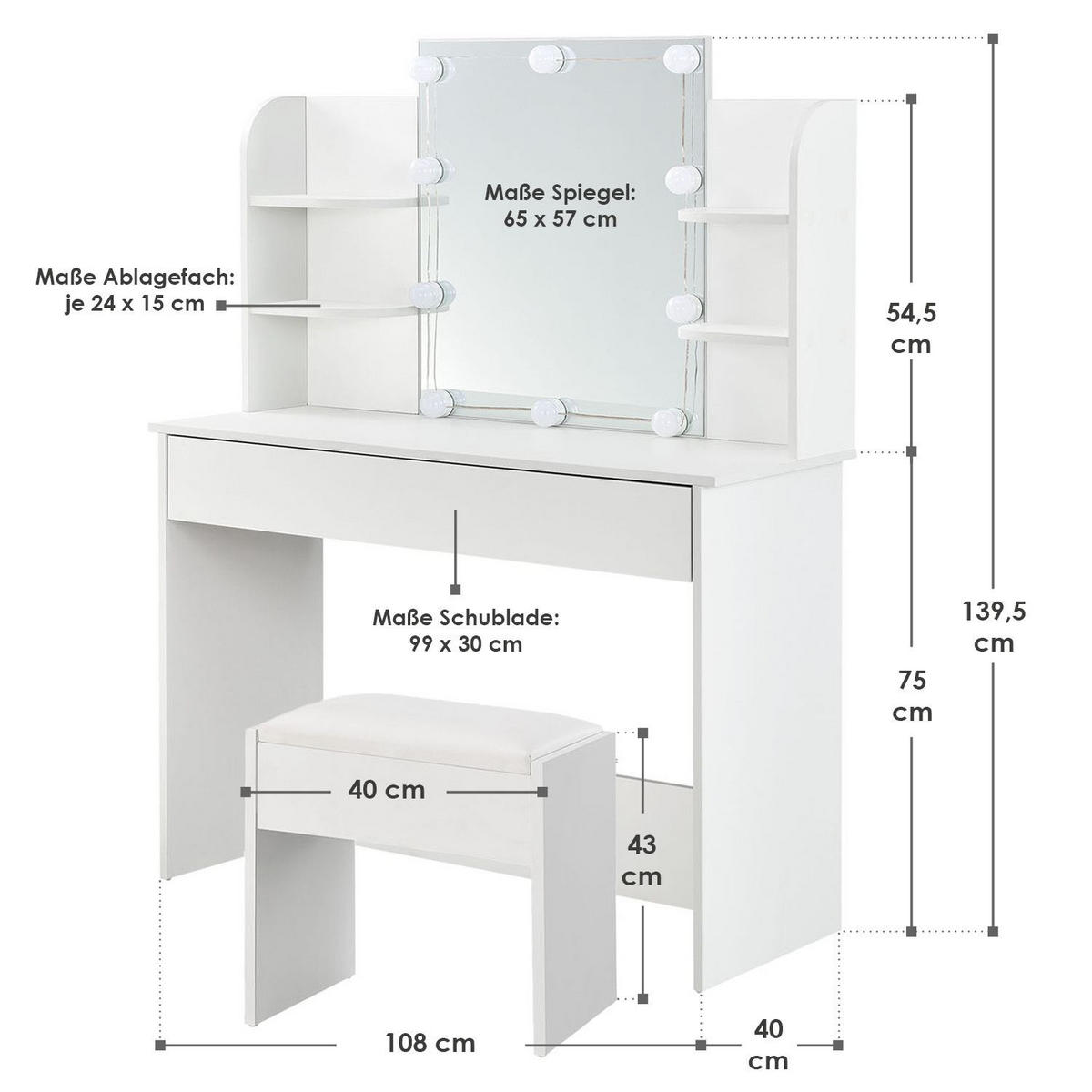 SCHMINKTISCH Bella mit mit LED und Hocker Melly - Weiß, Holz (40/140/108cm) - Juskys
