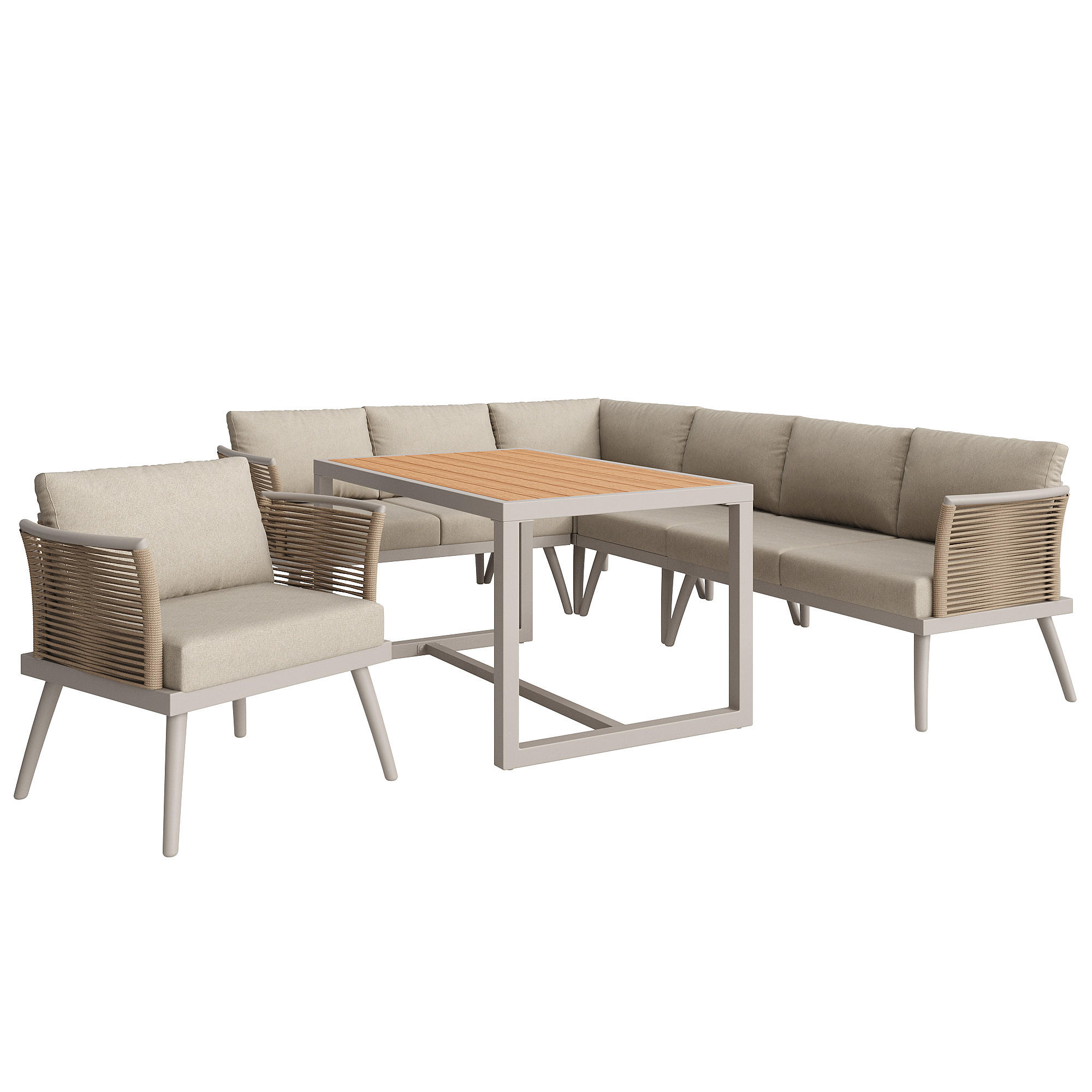 GARTENLOUNGE-SET Beige 7 Personen mit Couchtisch & geflochtenen Armlehnen - Beige, Metall - PANGIVO